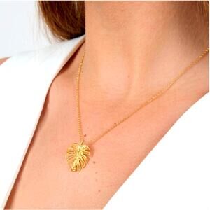 Portuguese Gold Plated Sterling Silver Monstera Leaf Pendant Necklace